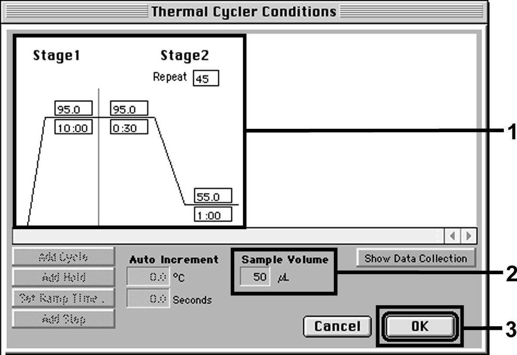 8.5.2.4 Framtagning av temperaturprofilen Om du vill ange temperaturprofil växlar du till Thermal Cycler Conditionsmenyn på Setup-ytan. Ange motsvarande Fig.