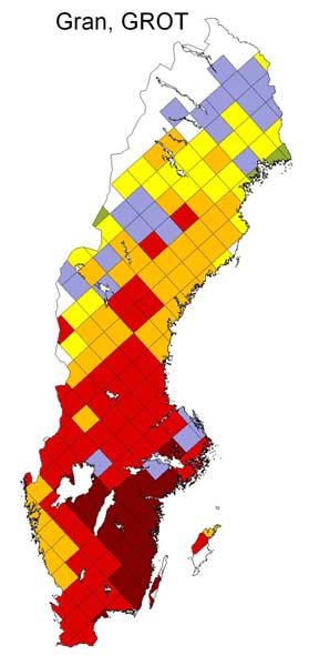 Figur 1. Skogsbrukets bidrag till överskottsaciditeten (i %) i tall- och granbestånd vid stamveds- och helträdsuttag. Från Akselsson m.fl.