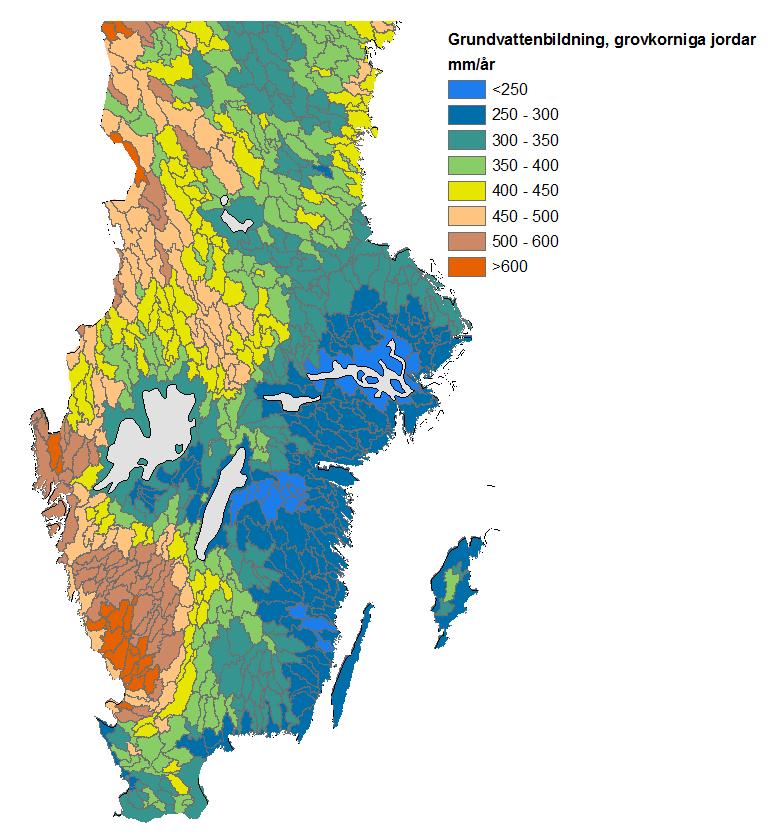Figur 13. Den beräknade grundvattenbildningen i grovkorniga jordar. Data från SMHI med uppdelning på avrinningsområden.
