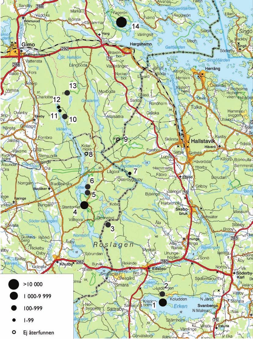 BERGSTRÖM m.fl. Skogskornslokaler i östra Uppland 2002. Cirklarnas storlek indikerar antalet axbärande strån.