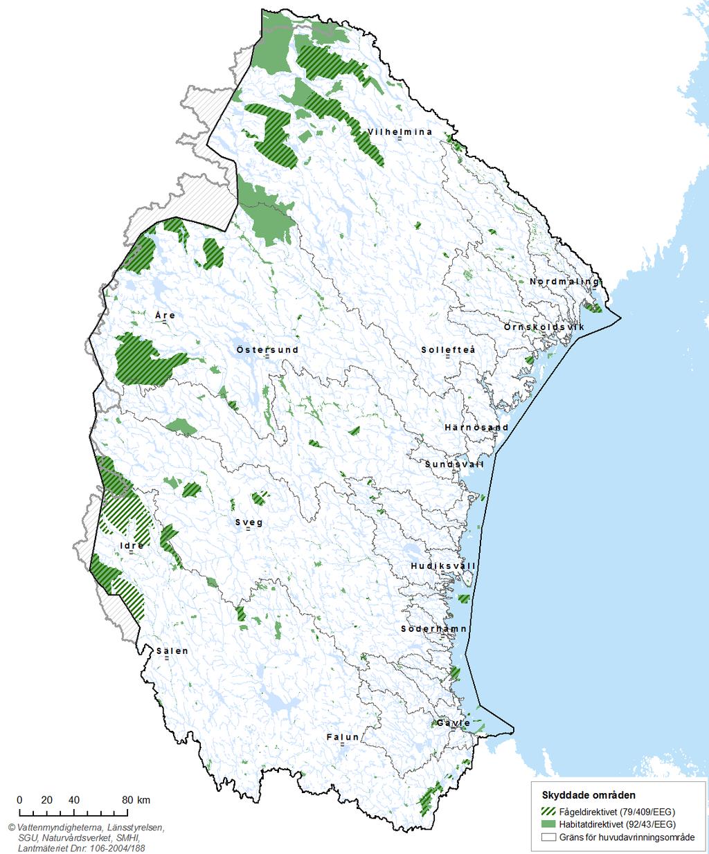 Karta 2.24. Skyddade områden enligt vattenförvaltningsförordningen i Bottenhavets vattendistrikt (Natura 2000).