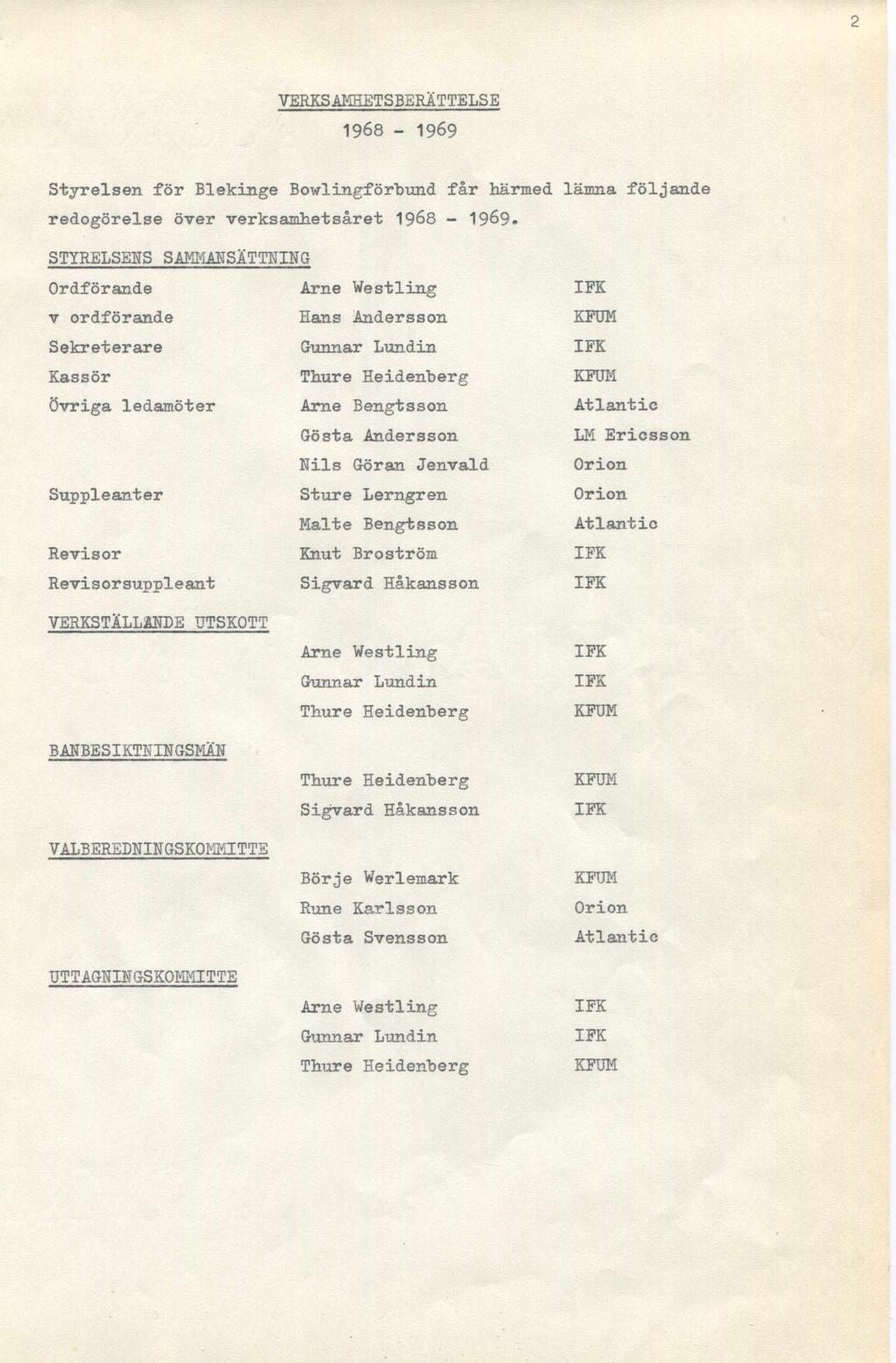VERKSAMHETSBERÄTTELSE 1968-1969 Styrelsen för Blekinge Bowlingförbund får härmed lämna följande redogörelse över verksamhetsåret 1968-1969.
