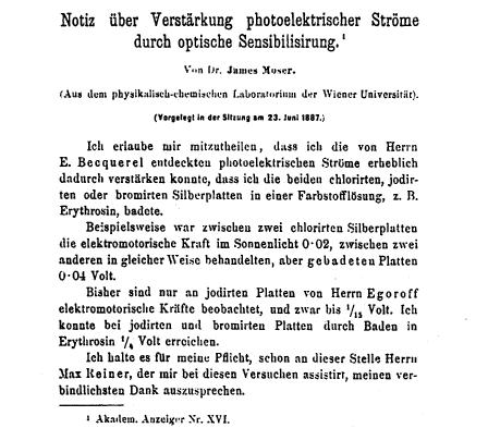 Färgämnessensitering Dye-Sensitization Colour Photography, Erythrosin dye on Ag-halides. J. Moser, Monatsh. Chem. 8 (1887) 373 Mechanism of dye-sensitization.