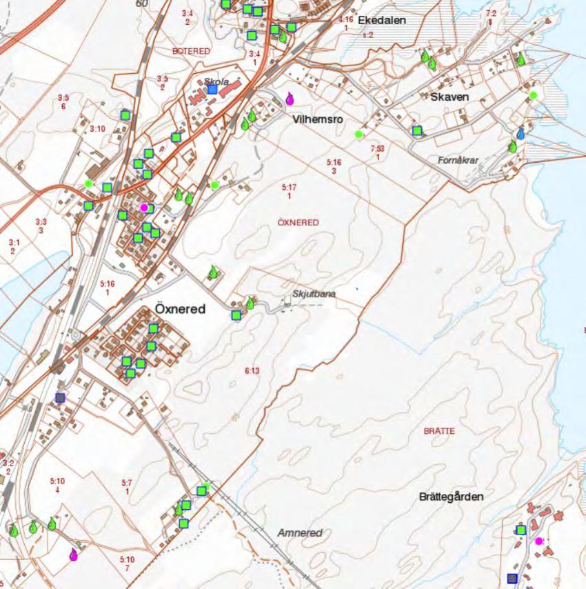 22 DETALJPLAN ÖXNERD SKAVEN 4 Brunnar Vid sprängning och schaktarbeten kan vibrationer påverka befintliga bergborrade brunnar, ett resultat av dess påverkan kan vara att vattnet i brunnen blir