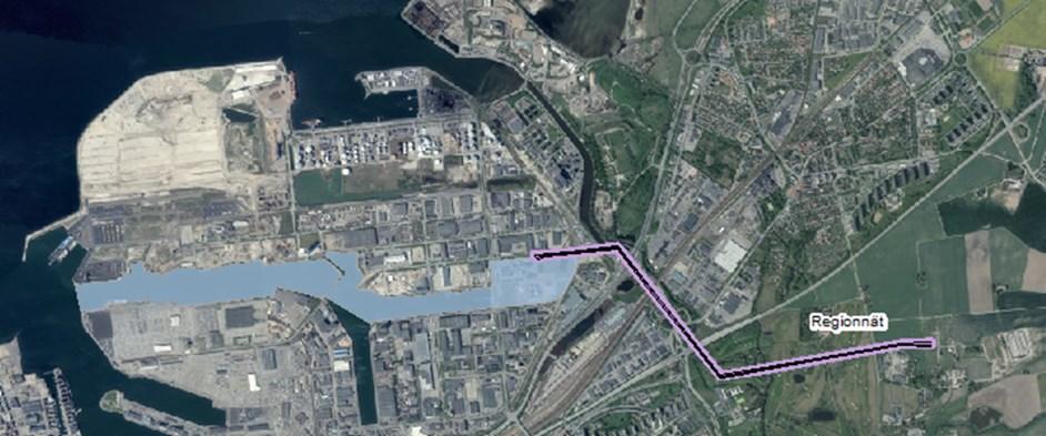 Fig. 14. Förslag till gränsdragning av riksintresse för energiproduktion Malmö hamn. Visualisering mot ortofoto. Inom E.