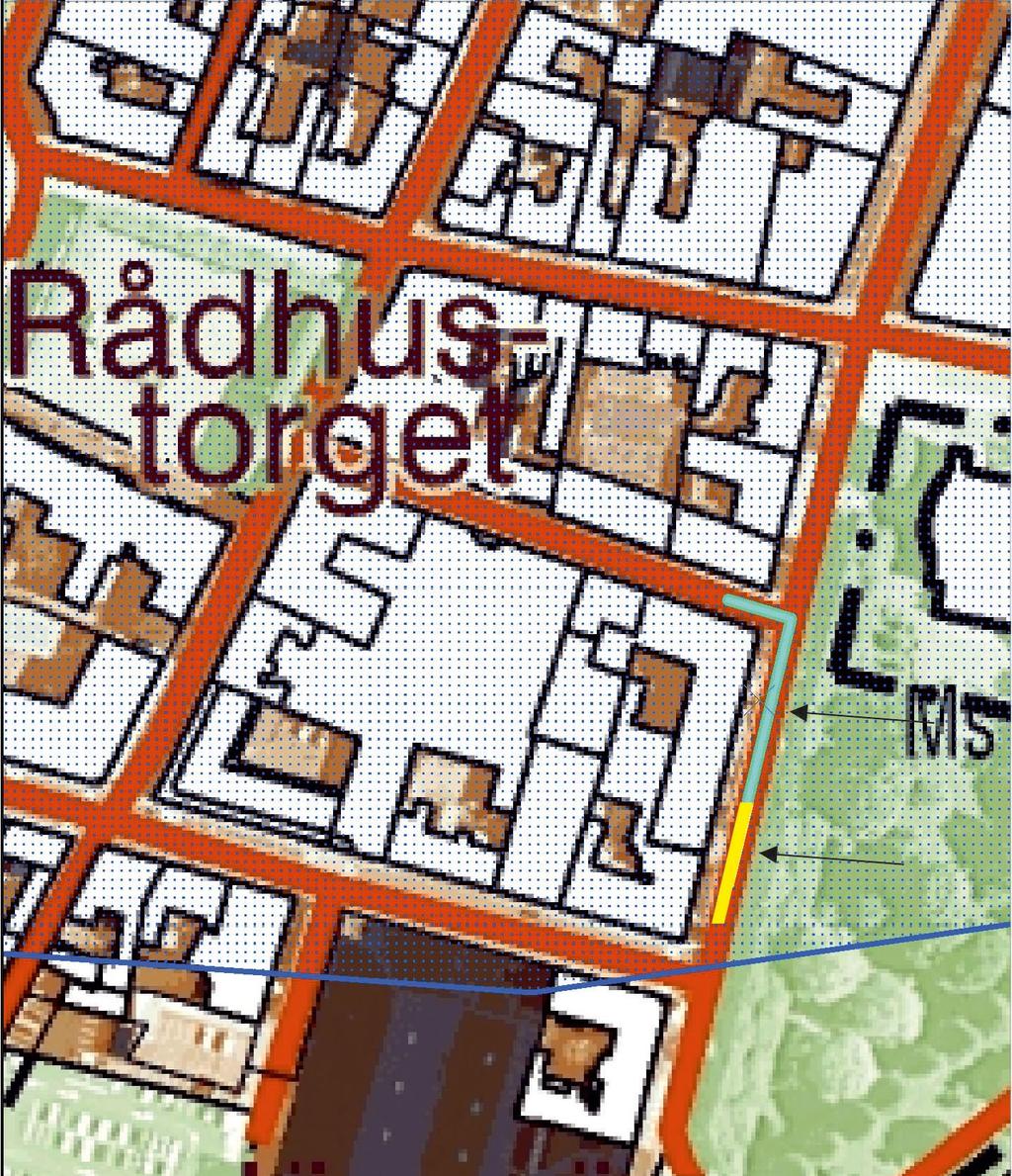 Fig. 4. Utdrag ur Lantmäteriets Fastighetskarta med den övervakade delen av VAschaktet markerat med gult. Den del som var färdigschaktad när vi kom till platsen är markerad med turkos färg.