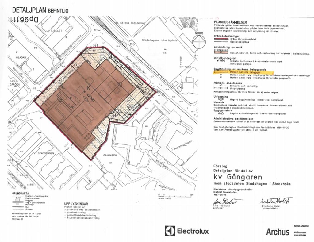 Kulturhistoriskt skydd Pågående planarbete Den nu gällande detaljplanen vann laga kraft 1997-06-30 och avsåg bebyggelse för kontor.