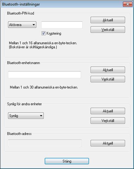 RJ-hjälpprogrammet Bluetooth-inställningar (gäller endast RJ-4030) 3 3 2 3 4 Bluetooth-PIN-kod Här kan du välja om en Bluetooth-PIN-kod (nyckel) ska krävas, ändra skrivarens Bluetooth-PIN-kod och