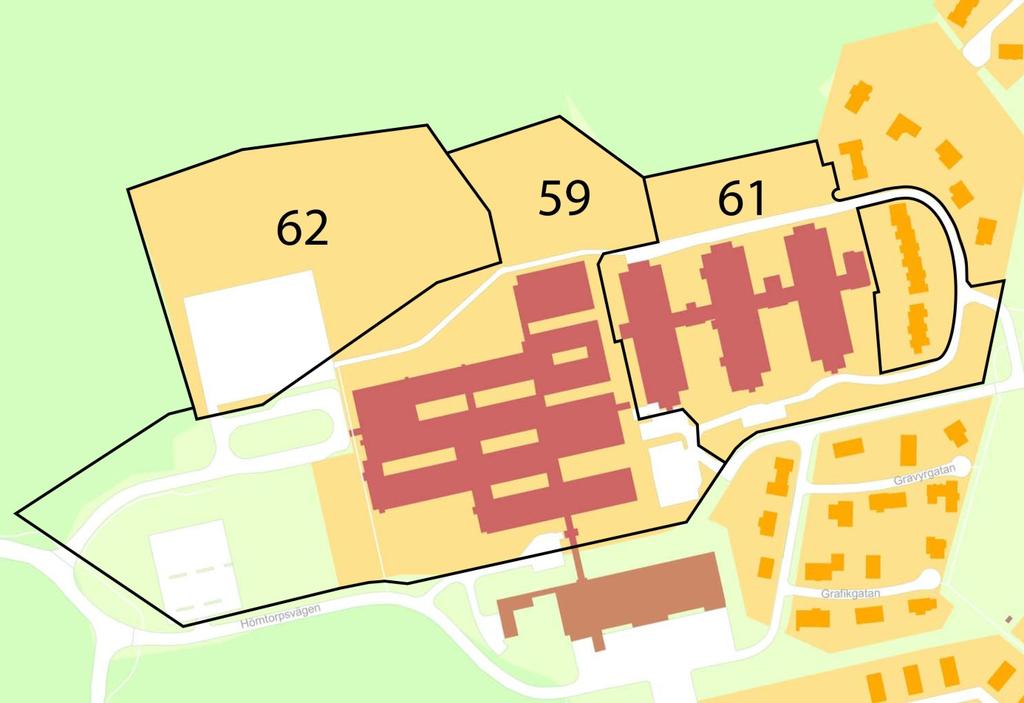 Bild 2. Kartan visar avgränsningen för fastigheterna Vedbo 59, 61 och 62.