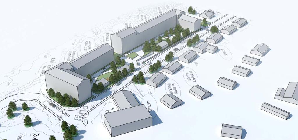 Bild 6: Flygperspektiv över föreslagen bebyggelsevolym. Illustration från Archus.
