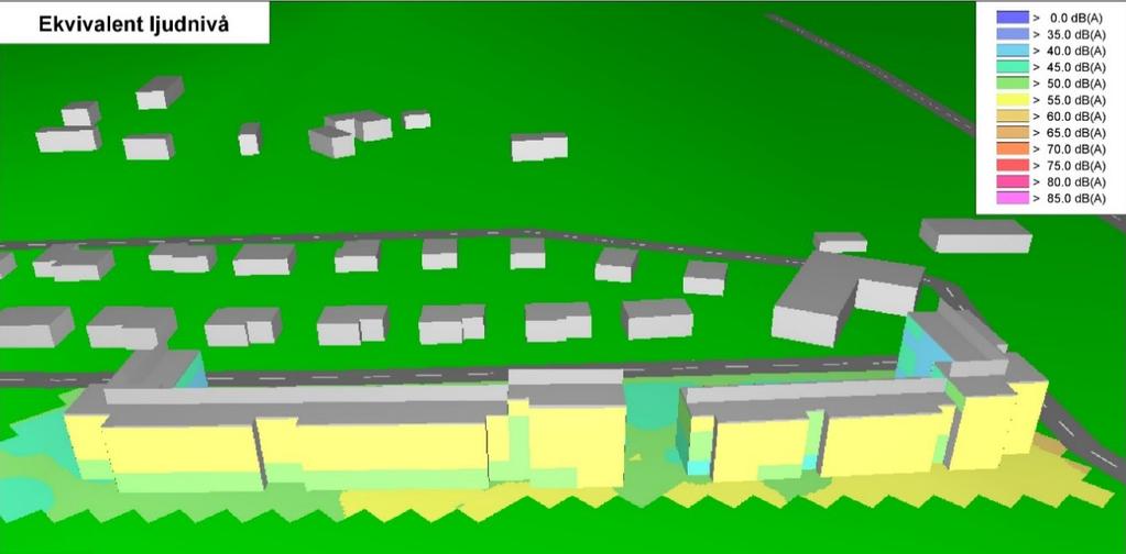 Bild 16: Ekvivalent ljudnivå vid mest utsatt del av fasad (i höjdled) samt 1,5 meter över mark. Bullerutredning från ACAD.