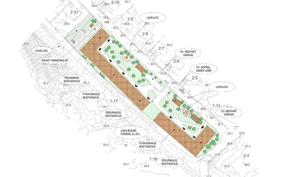 Landskapsbild, stadsbild Förutsättningar Planområdet utgörs av plan kvartersmark bebyggd med radhusbebyggelse i en våning och flerbostadsbebyggelse i två våningar.