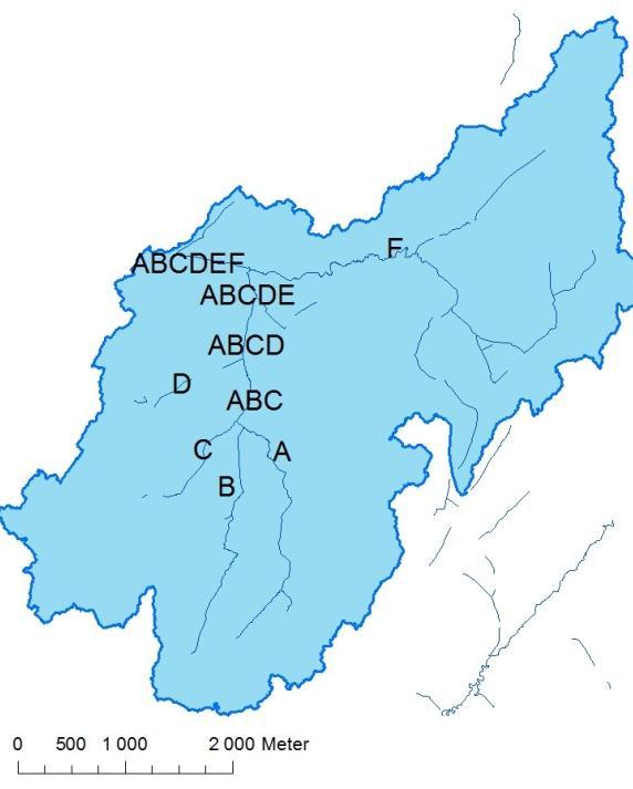 Höjd (m) Bilaga 2, Profiler av Kobbungsbäcken Figur A Benämning av sträckor för profiler längs Kobbungsbäcken. 18 17.5 17 16.