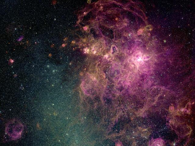 Tarantulanebulosan (30 Doradus) är ett gigantiskt,1000 ljusår stort, HII-område