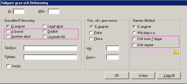 - Tidigare graviditeter och förlossningar Då en tidigare graviditet/förlossning ska registreras, klicka på knappen Ny och följande bild visas.