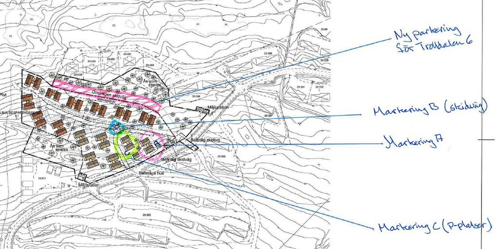 8(21) Parkeringsplatser för boende i etapp Trolldalen 6 bör anordnas såsom det är antaget i den nu gällande detaljplan alltså mellan nybyggnationen och angränsande mot trolldalen 1 (Röd markerat