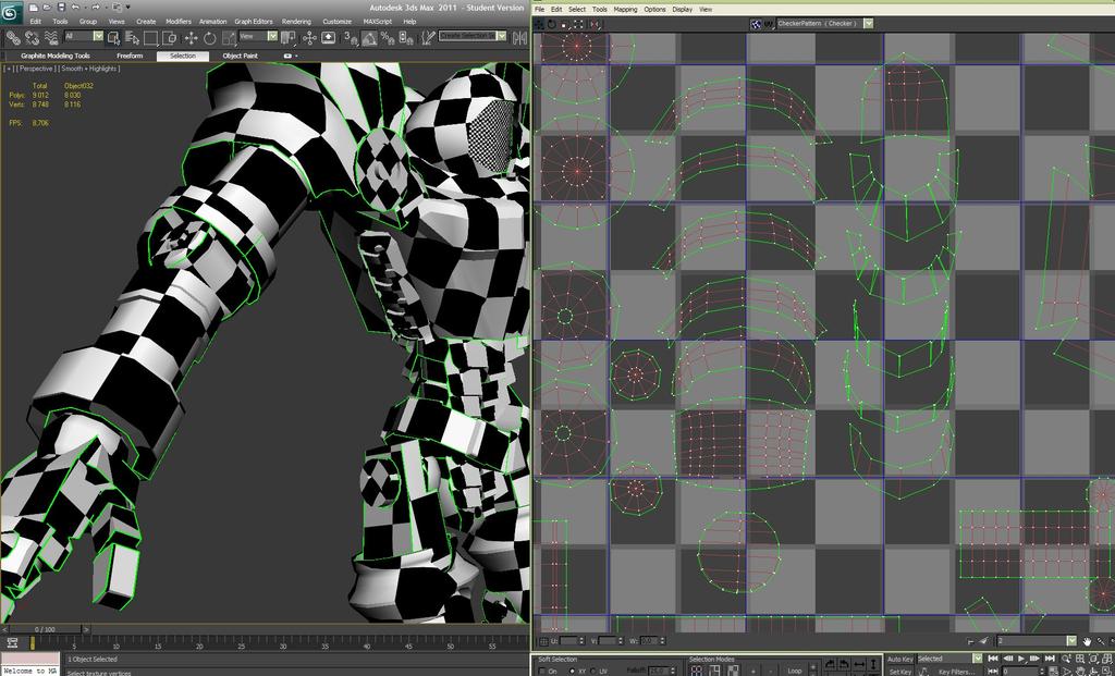 8. Den vänstra bilden är Armoured-modellen med UW-sömmar. Högra bilden är tygbitarna från Amoured. För att kunna animera en 3D-modell, måste man skapa ett skelett inuti modellen.
