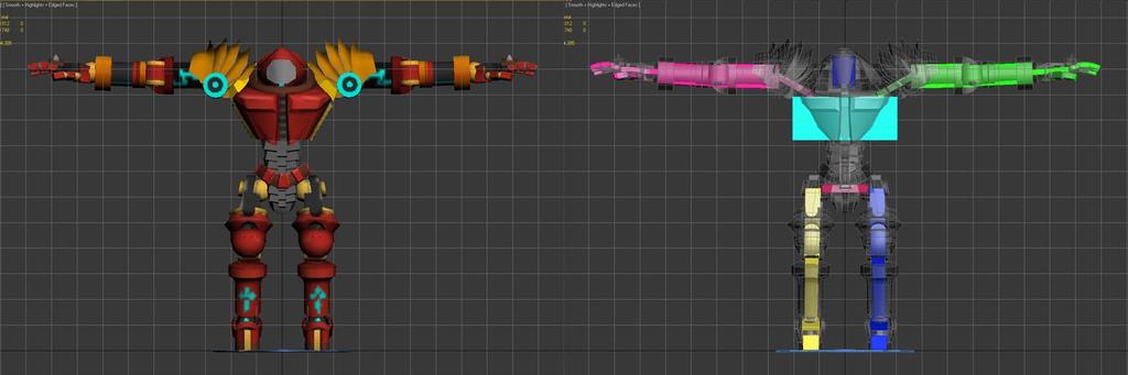 9. Den vänstra bilden är Armouredmodellen utan skelett och den högra med CAT skelett. I 3ds Max måste unwrap alltid göras först innan du kan börja skinna på 3D-modellen.