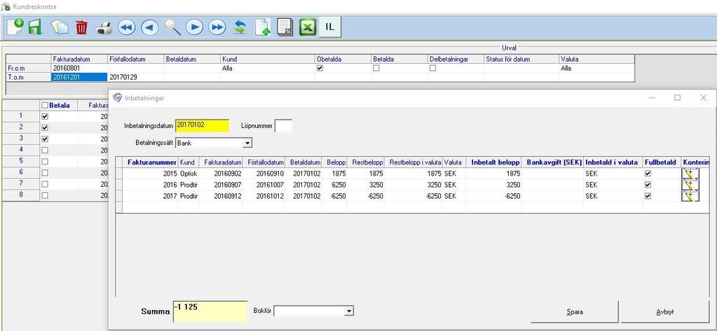 Betala flera fakturor från kundreskontran I kundreskontran finns nu en kolumn som heter Betala. Kryssa i fakturor och tryck på IL, då läggs alla fakturor till i inbetalningsrutan.