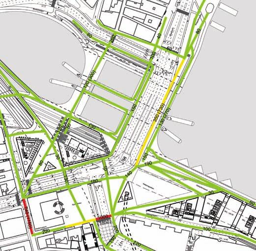 Planförslaget SKA ÄNDRAS 22 4 13 5 8 15 2 Gångnät i planförslaget 1 Gångflödena har simulerats i en VISSIM-modell där nya kopplingar och nya attraktioner beräknats.