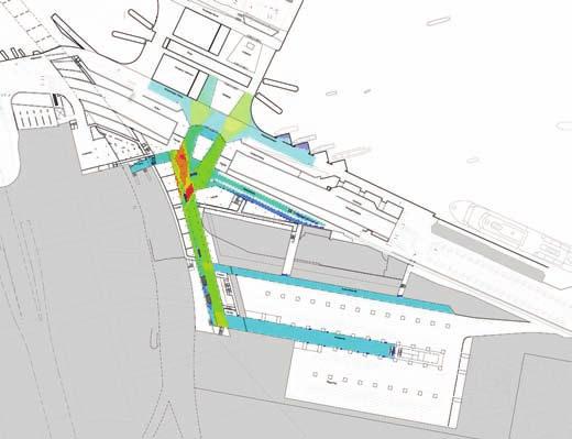 Den östra kajbron i Skeppsbrons fölängning utgör ett direkt gångstråk rakt in i Slussenterminalens hjärta, i det atrium där Katarinahissen landar.