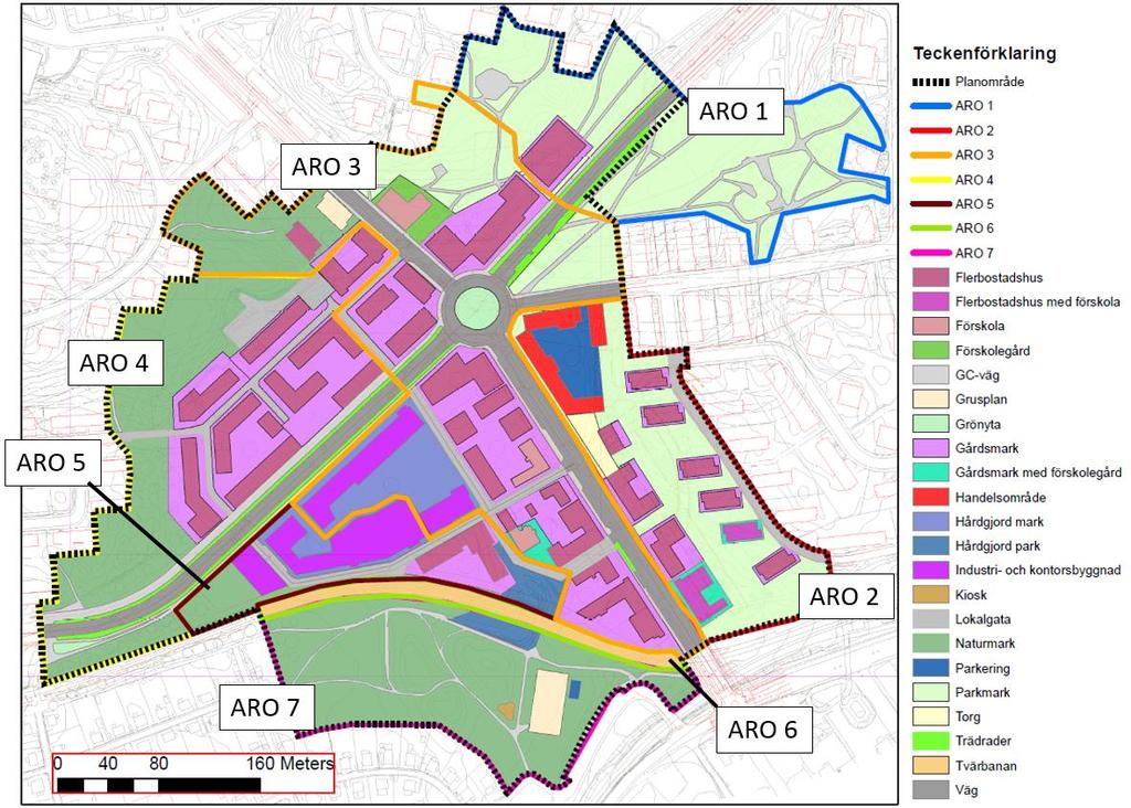Figur 9 Avrinningsområden och markanvändning efter exploatering. 5.1 Avrinningsområden efter exploatering 5.1.1 ARO 1 I avrinningsområde 1 är det planerat för ett nytt flerbostadshus med tillhörande kvartersmark.