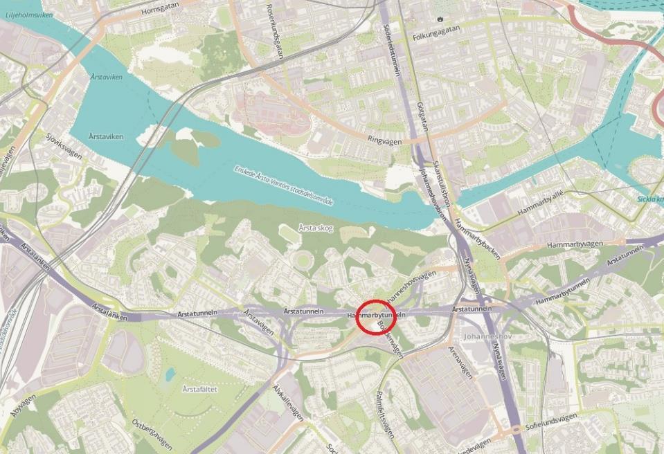 4 Områdesbeskrivning och förutsättningar 3 Figur 1 Översiktsbild med planområdet markerad med röd ring. Årstastråket 3 är en deletapp i förtätningen av Årsta i södra Stockholm.