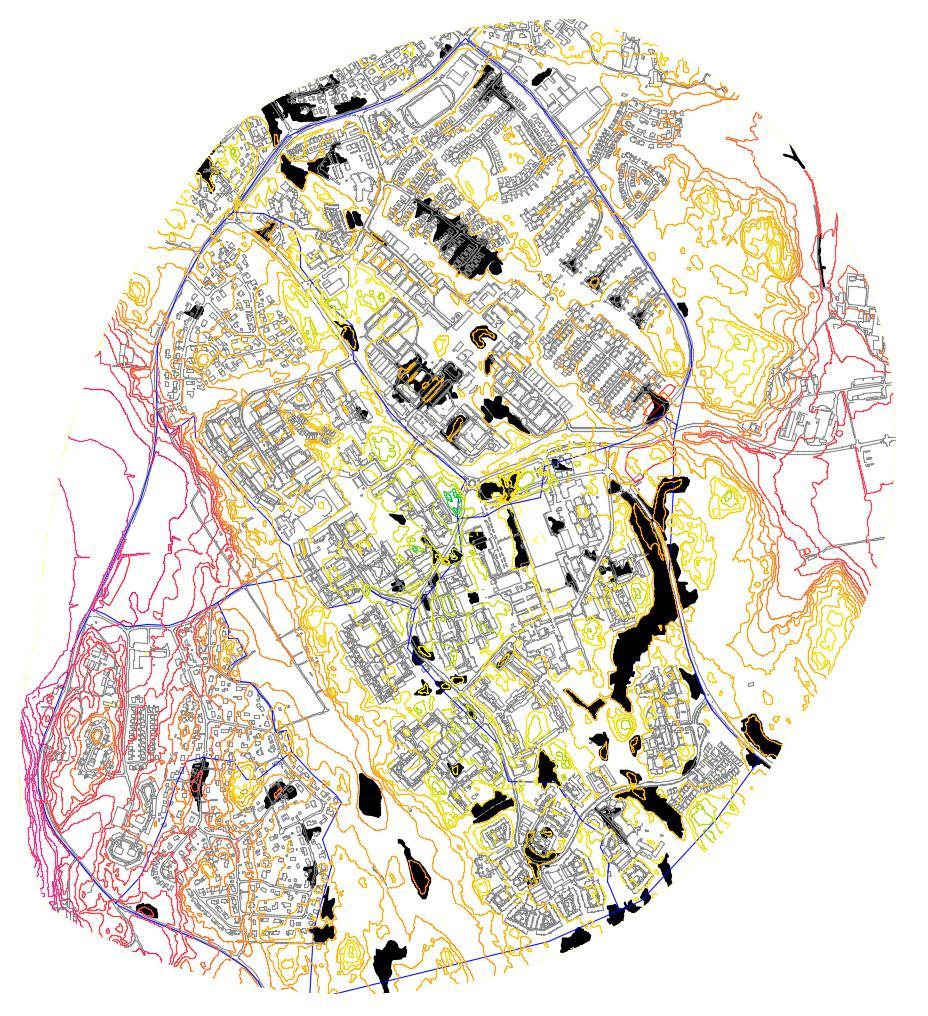 Sida 10 (38) Instängda områden I Bild 5 visas områden som riskerar att bli instängda områden vid extrem nederbörd till exempel vid ett 100-årsregn (svartmarkerade).
