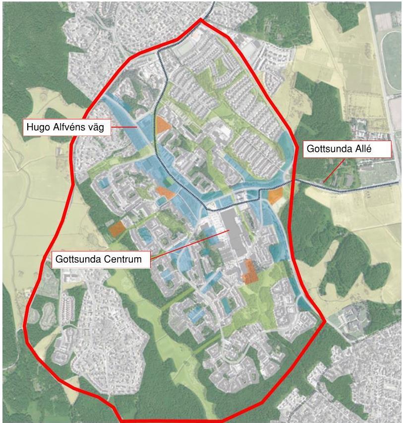Sida 13 (38) 4 Planerad exploatering Gottsundaområdet planeras att förtätas med ca 5 000-7 000 nya bostäder och med fler verksamheter som tex affärer, förskolor, skolor och arbetsplatser.