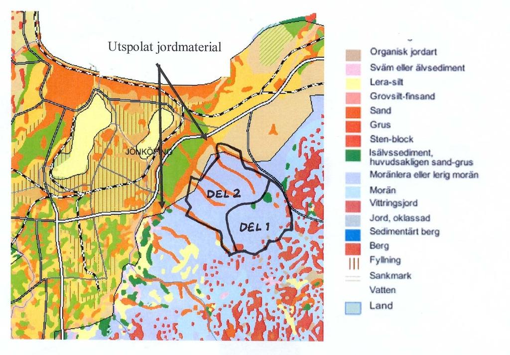 Figur 3.2. Översiktlig jordartskarta söder om Vättern ( SGU, 2009). Avgränsning av områden med förutsättningar för erosion, ravinbildning och slamströmmar.