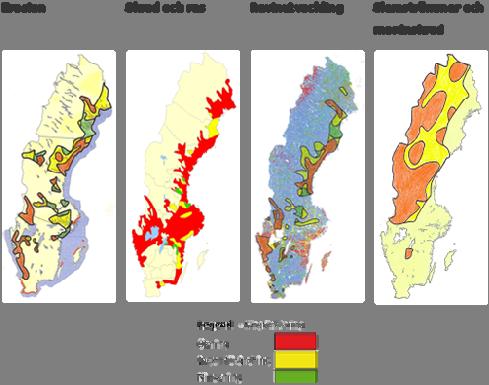 Figur 2.1 Förändring av förutsättningar för olika typer av jordrörelser vid klimatförändringar 2071-2100 jämfört med 1961-1990. Kartorna är översiktliga och generaliserade.