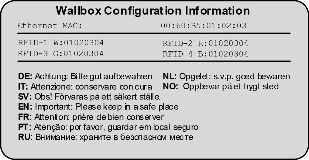 KONFIGURATION Den här konfigurationsetiketten ligger i påsen tillsammans med RFID-kortet. Anvisning Förvara den här etiketten på ett säkert ställe.