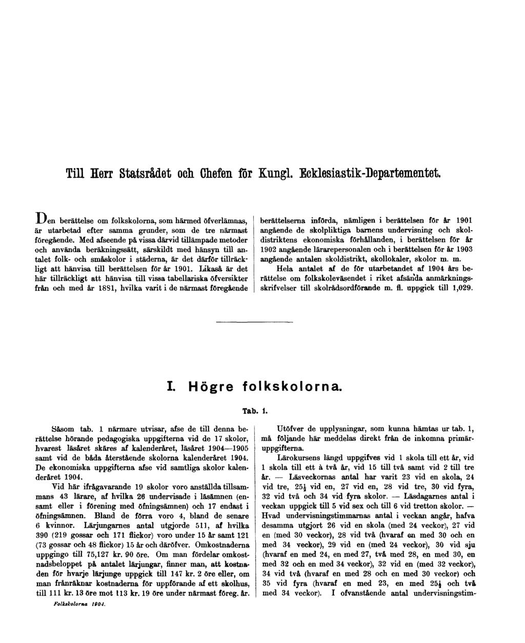 Till Herr Statsrådet och Chefen för Kungl. Ecklesiastik-Departementet. Den berättelse om folkskolorna, som härmed öfverlämnas, är utarbetad efter samma grunder, som de tre närmast föregående.