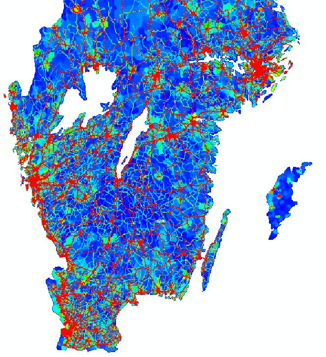 Figur 4. Fördelningen som används för emissioner av växthusgaser från personbilar under 2006 över södra Sverige. Fördelningen är baserad på emissioner från SIMAIR för år 2004.