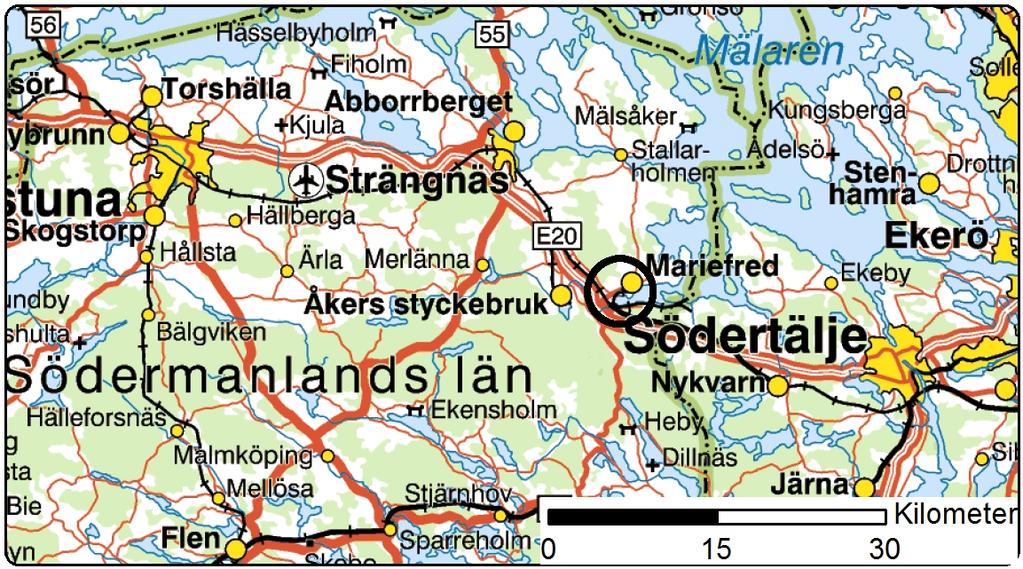 Figur 1. Geografisk placering av inventeringsområdet mellan Strängnäs och Södertälje. Bakgrund Alla fladdermöss har god möjlighet att förflytta sig långa sträckor i landskapet.