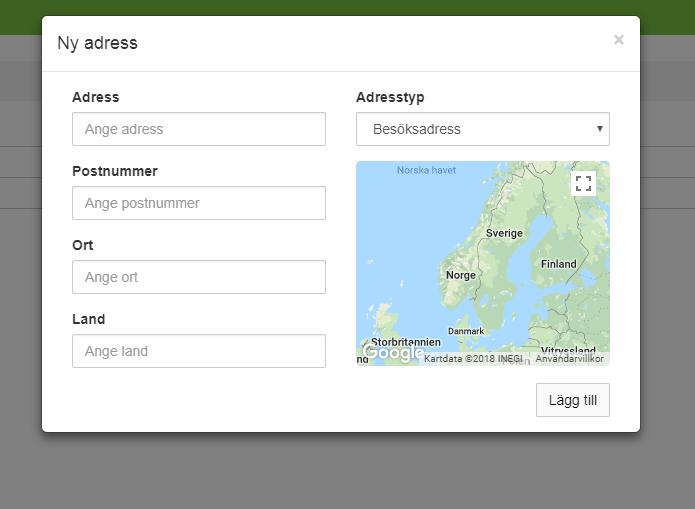 6. I formuläret fyller ni i: Adress Postnummer Ort Land Adresstyp (Besöksadress, Postadress eller Faktureringsadress).