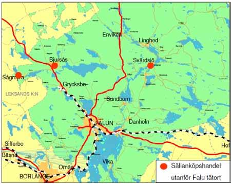 Kommentarer till karta 3 och 4: 1. Falu centrum. Arbetet med att stärka centrum som handelsområde skall fortsätta i samverkan mellan kommunen, fastighetsägare och Centrala stadsrum.