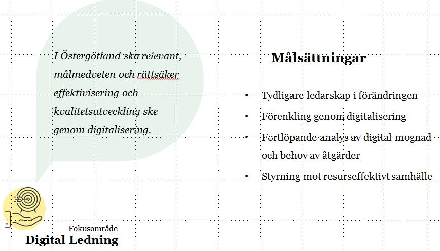 11/16 Fokusområde 4. Digital ledning I Östergötland ska relevant, målmedveten och rättssäker effektivisering och kvalitetsutveckling ske genom digitalisering.