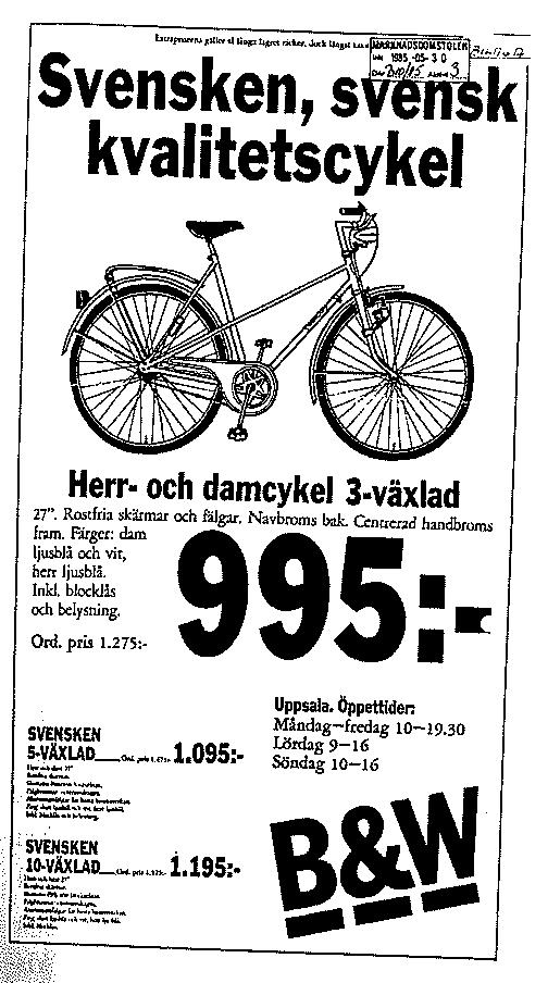 I annonsen återfinns förutom rubriken Svensken, svensk kvalitetscykel en del teknisk information om själva cykeln (låsanordning, växlar m.m.). Vidare framhävs priset (995 kr.