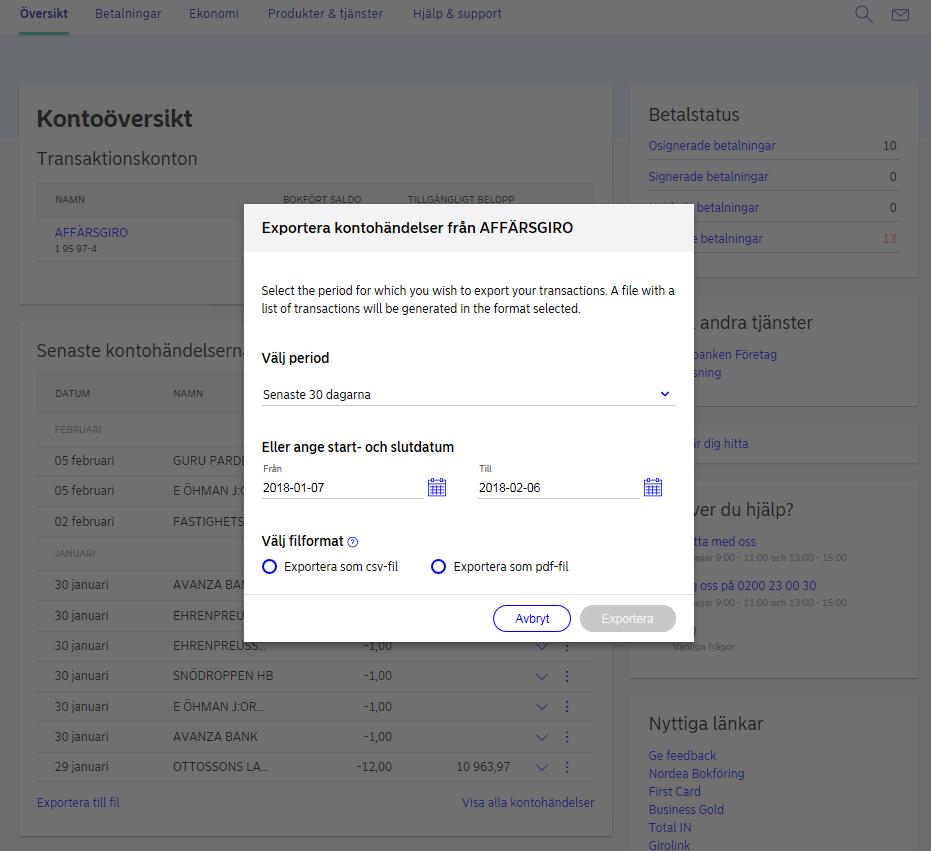 Bekvämt och enkelt att exportera kontohändelser Nu kan du exportera kontohändelser till en CSV fil.