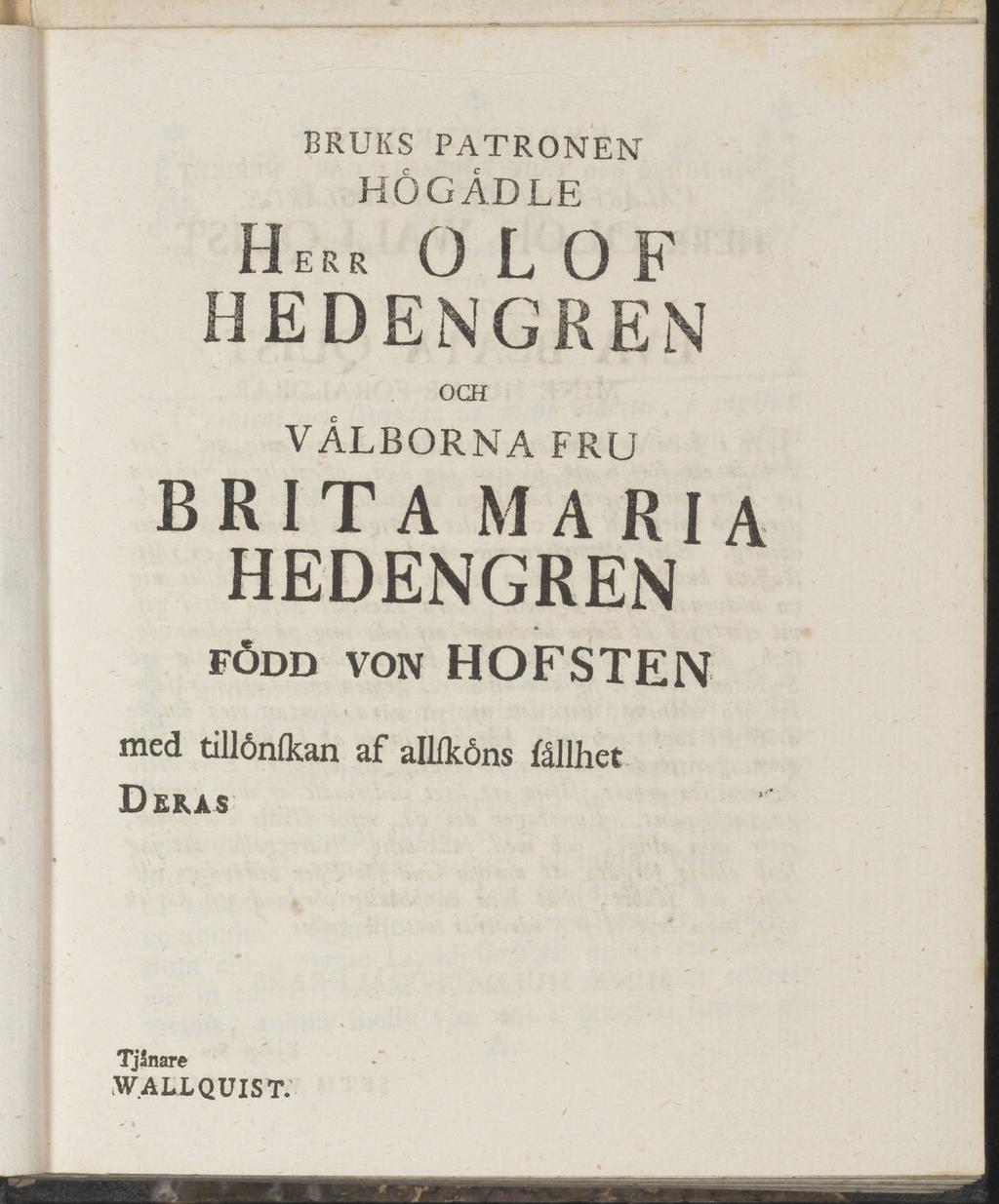 bruks patronen HÖGÅDLE Herr OLOF HEDENGREN OCH VÄLBORNA FRU BRITA MARIA