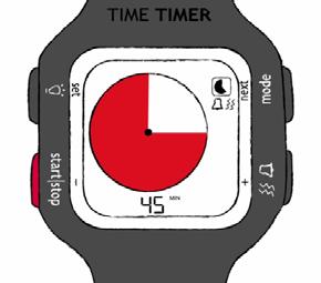 Time Timer Watch Plus har tre lägen Det finns tre olika typer av lägen på Time Timer Watch Plus: Klocka En vanlig digitalklocka som även visar tiden med tim- och minutvisare.