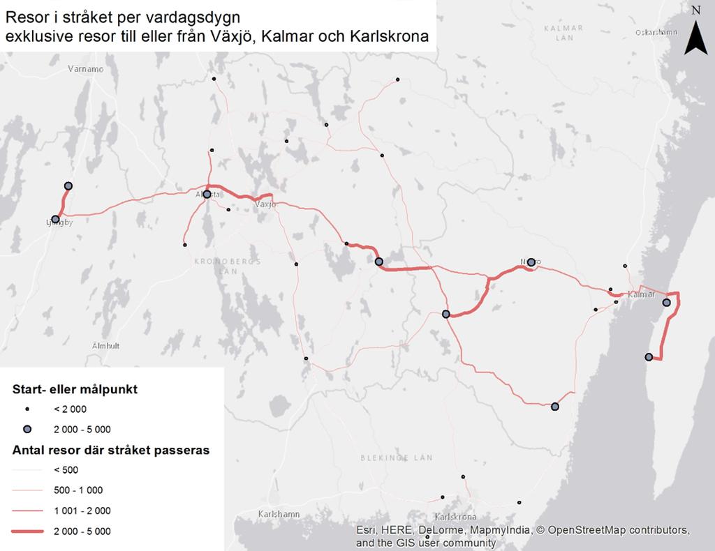 24 Trivector Traffic Figur 2-8 Antal resor per dygn mellan orter utmed längs eller i närheten av järnvägarna mellan Växjö Kalmar och Växjö Karlskrona.