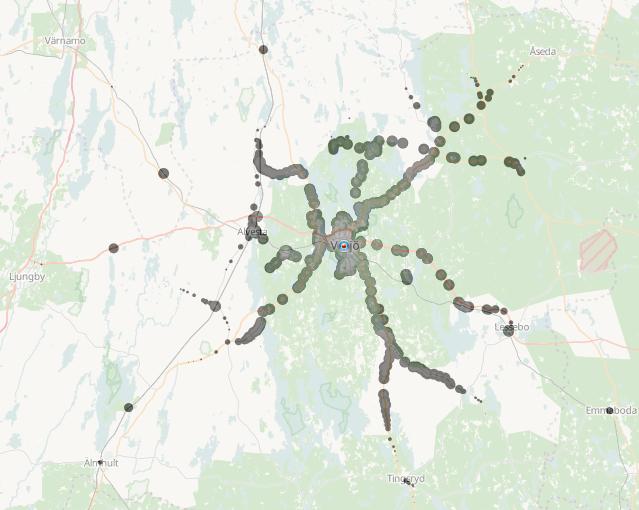 59 Trivector Traffic Figur 6-1 Kollektivtrafiktäckning inom 45 minuters restid från Växjö station. Källa: Norrlandsresan.
