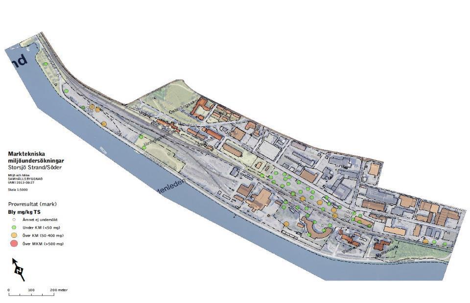 Figur 1. Områdena Storsjö Strand respektive Söder i centrala Östersund är exempel på kommunala planärenden med föroreningar i marken. I kartan ovan visas förekomst av olika blyhalter.