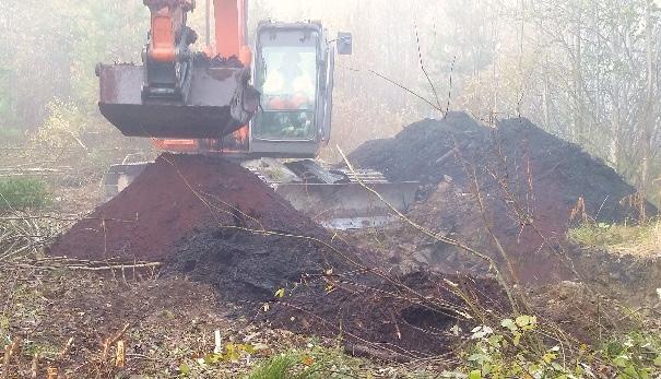 fallfärdig byggnad med verkstad och lokstall från fabrikstiden. Bild 15. Rivningsplatsen för den gamla verkstaden och lokstallet som hörde till sulfitfabriken. Foto: Länsstyrelsen Jämtlands län.