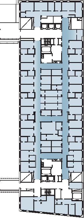 I korridorer föreslås ett mörkare sammanhållande golv för att åstadkomma en tydlig yta och kontrast mot vägg.