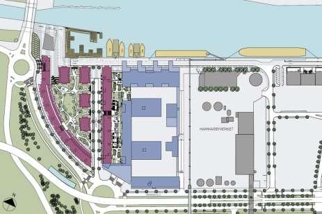 Illustrationsplan över föreslagna bostäder, kontor och bussdepå. Den översiktliga planstrukturen utgör bebyggelse i kvarter, vilken harmonierar med övriga kvarters grammatik i Hammarby Sjöstad.