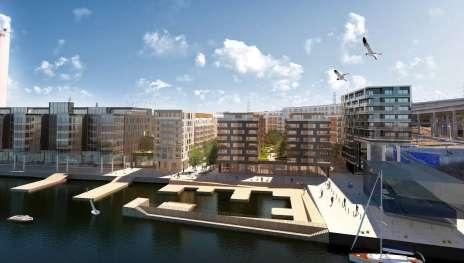 Vy från norr över planområdet. Kvarteret Fredriksdal kommer att utgöra entrén till Hammarby Sjöstad och tillgängliggöra kajen och tillskapa ett promenadstråk från Hammarby Sjöstad till Årstaskogen.
