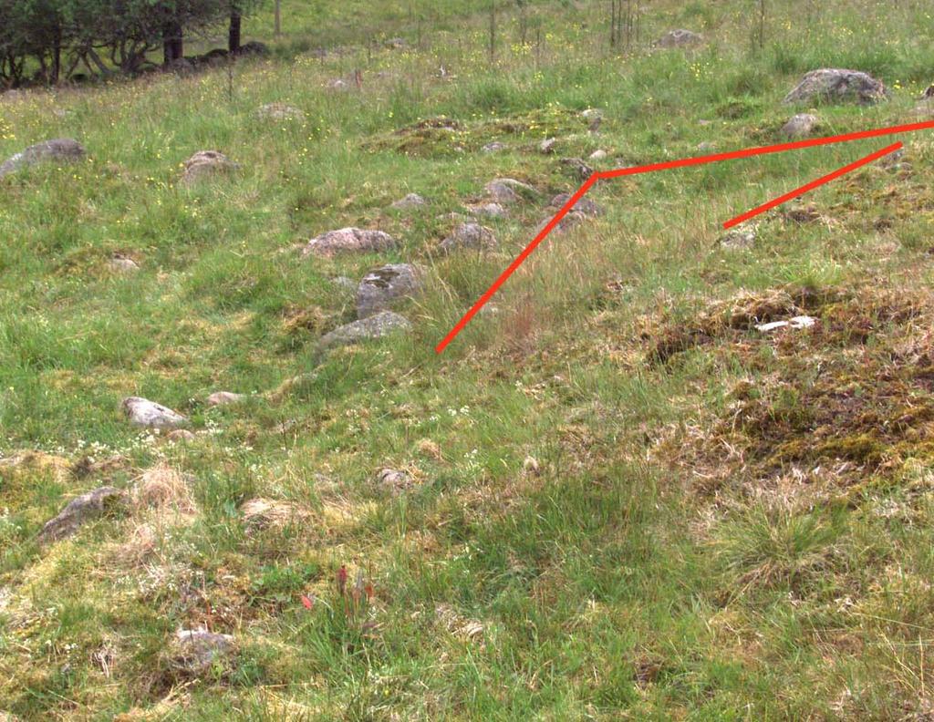 Detta löper någon meter utanför bergidagen och vinklar sedan upp på berget. På bergidagen finns ett parallellt röse. Mellan dessa rösen bildas en rektangulär grop.